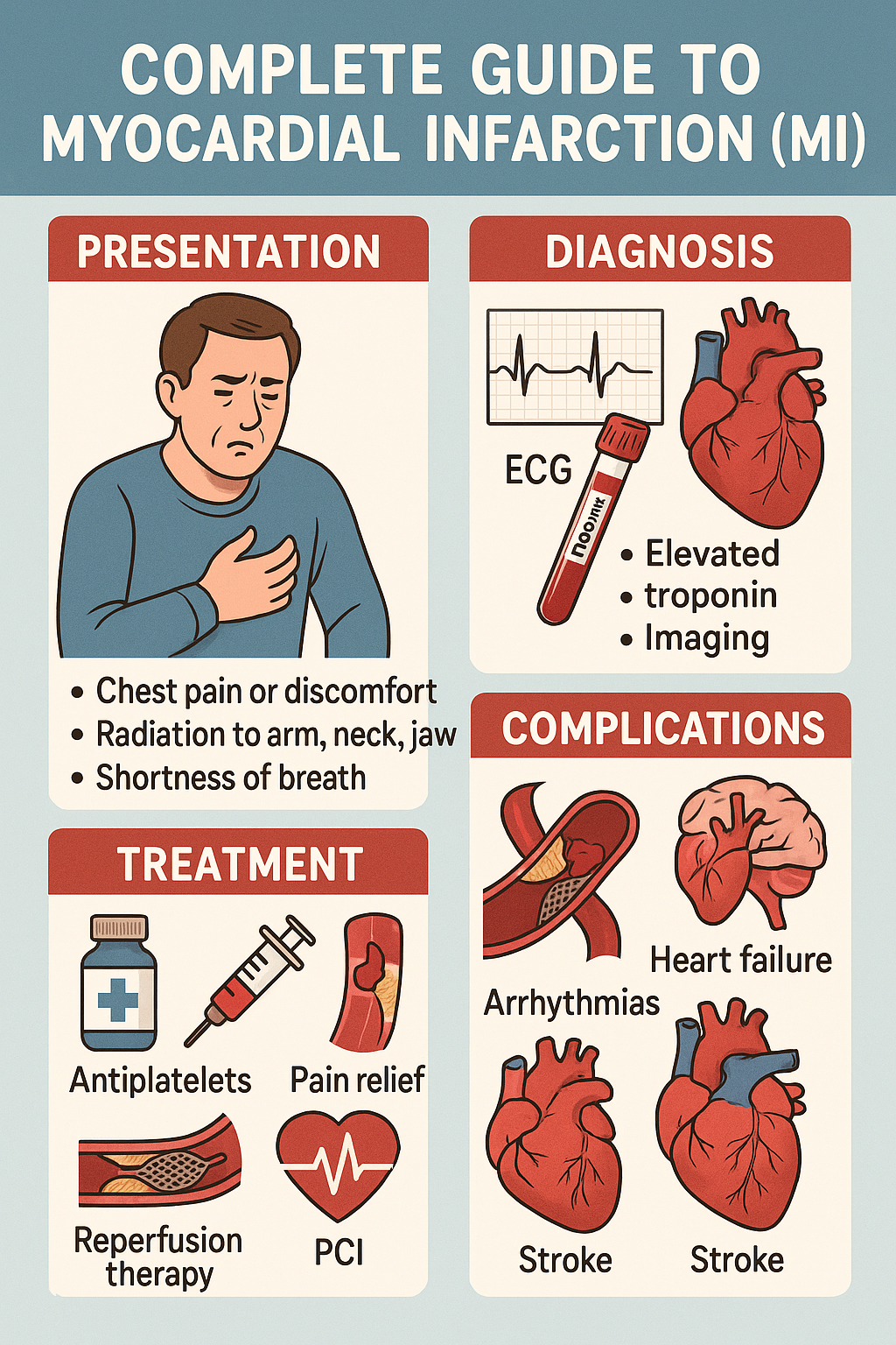 Complete Guide to Myocardial Infarction (MI)- Presentation, Diagnosis, Treatment, and Complications